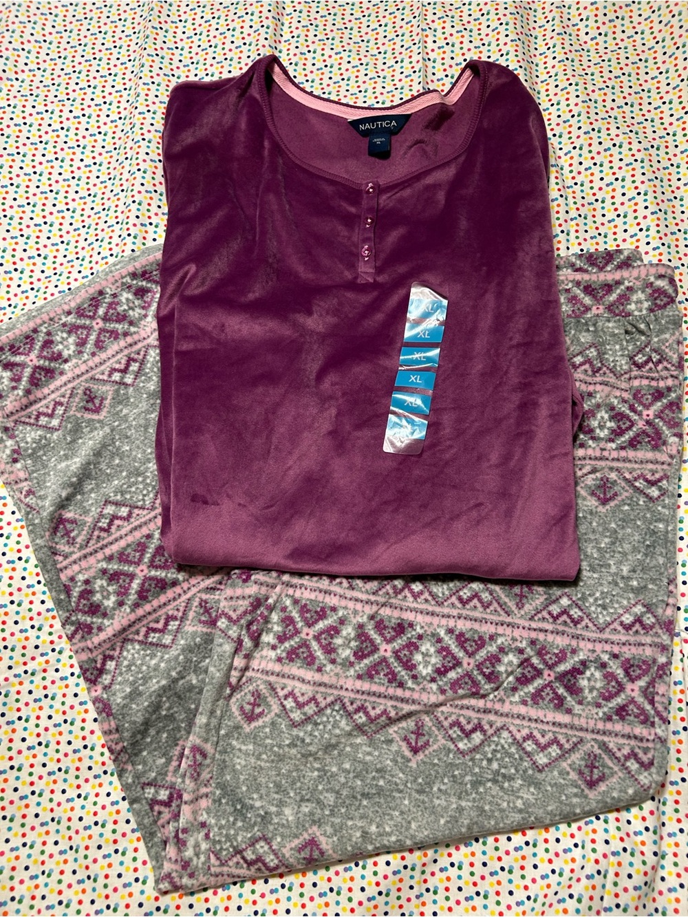 Nautica Plum Henley Top with Gray and Plum Fair Isle Lounge Pants